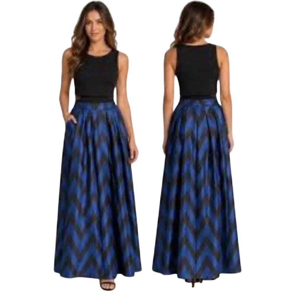 BETSY & ADAM Black Cobalt Blue Chevron Maxi Formal Dress Size 8 Pockets